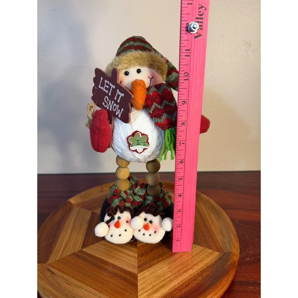 Let It Snow Snowman Figurine Wooden Bead Legs String Body Holiday Decor 12 Inch